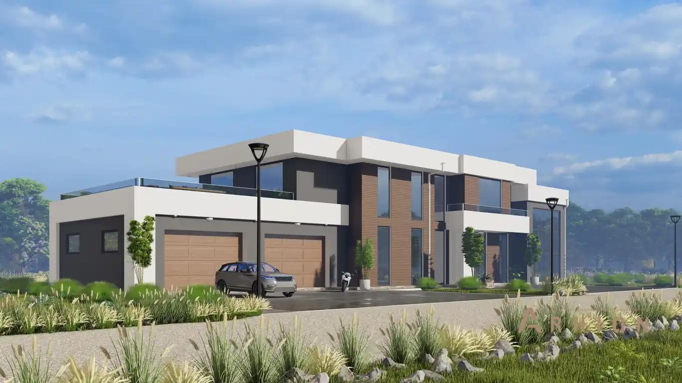 6. Проект двухэтажного дома в стиле хай-тек с плоской кровлей , h-1603, площадью - 639 кв c терассой, балконом, гаражом, вторым светом